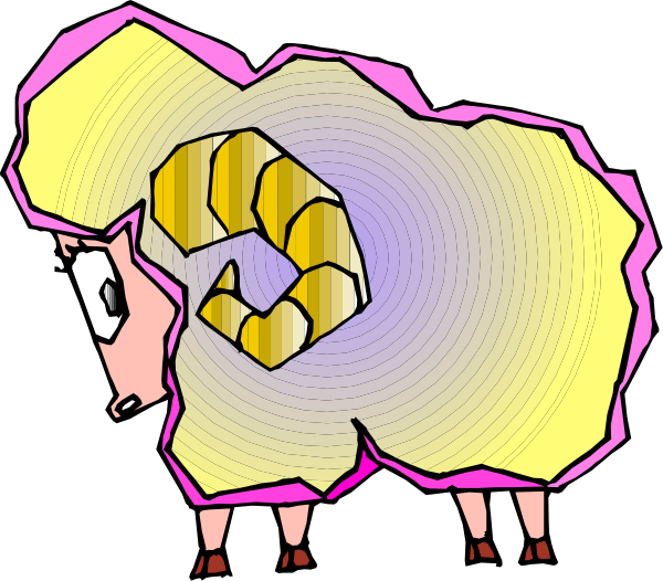 The image features a cartoon sheep with yellow wool standing next to an abstract swirl pattern that resembles ice cream cones in various shades of purple and pink against a black background.