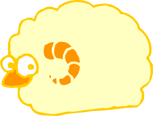 The image shows a cartoon of two sheep with exaggerated features; one is larger than the other, both have orange eyes and noses, and there's an animated cloud-like object in between them that resembles cheese.