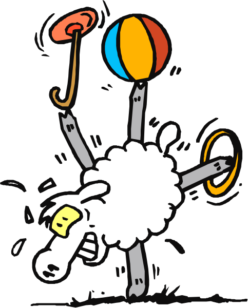 The cartoon shows a sheep with two arms performing tricks on unicycle while holding three beach balls; it's wearing an umbrella hat as well.