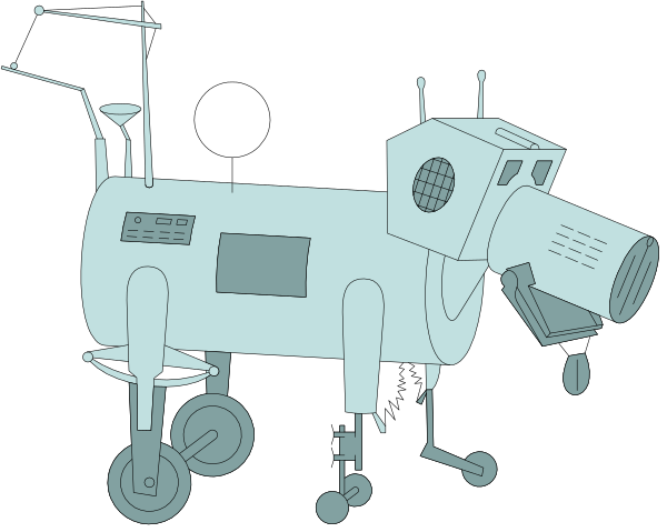 The black and white illustration shows a cartoon robot with wheels on its feet standing next to an old-fashioned car that has been converted into what appears to be a mobile home or camper van, complete with various equipment mounted on top of it for exploration purposes.