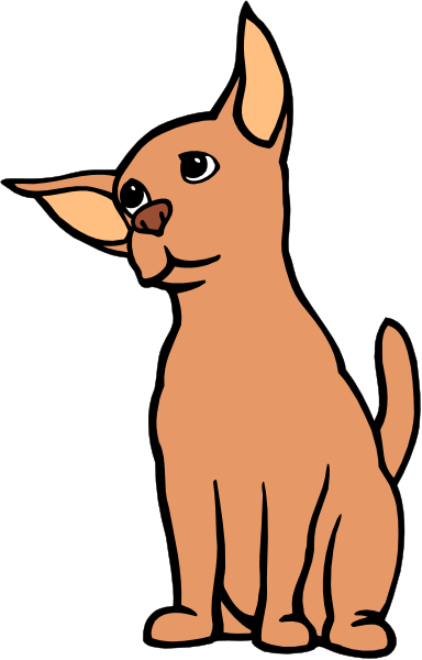 The image shows a cartoon of an orange dog with big eyes looking upwards towards something outside its frame.