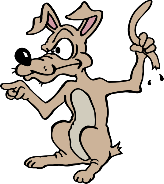 The cartoon features a brown dog with an exaggerated expression pointing its paw at something offscreen while standing on two legs in front of what appears to be a black background.