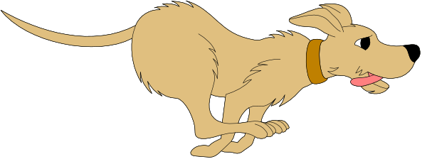 The image shows a cartoon dog running on its hind legs with an exaggerated expression of surprise or shock.