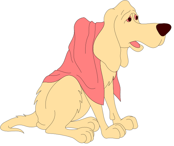 The image shows a cartoon dog sitting on its hind legs with an expression of concern next to another character who is standing upright in front of it; both characters appear humanoid but have animal features such as ears, tails and fur texture typical for dogs.