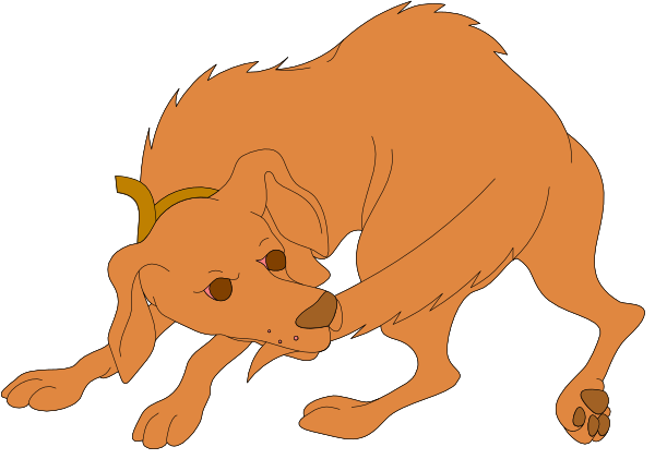 The image shows a cartoon dog with an orange coat lying on its side next to what appears to be another animal that is partially visible; there's no text present in this small clip-art illustration, and it seems like both animals might have some sort of interaction or relationship given their proximity.