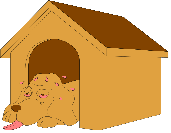 The image shows a cartoon of two dogs inside an open dog house with their heads sticking out through holes on opposite sides; one is looking to its left while the other has its tongue hanging out in anticipation, suggesting it's waiting for something good like food or attention from someone outside the frame.