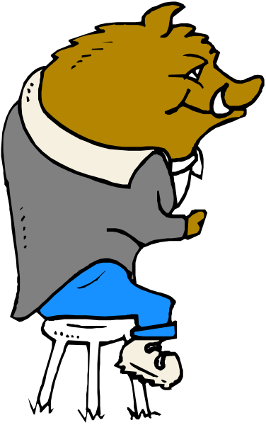 The cartoon features a pig character sitting on top of an object that resembles a stool with its legs crossed over it while wearing what appears to be human clothing including pants and shoes; there is no background detail provided in this image, focusing solely on the central figure.