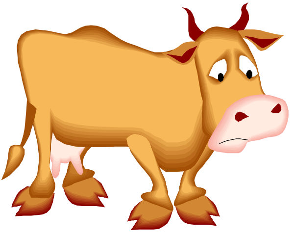 The image shows a cartoon cow standing on two legs with its head tilted to the side as if it's looking at something off-camera.