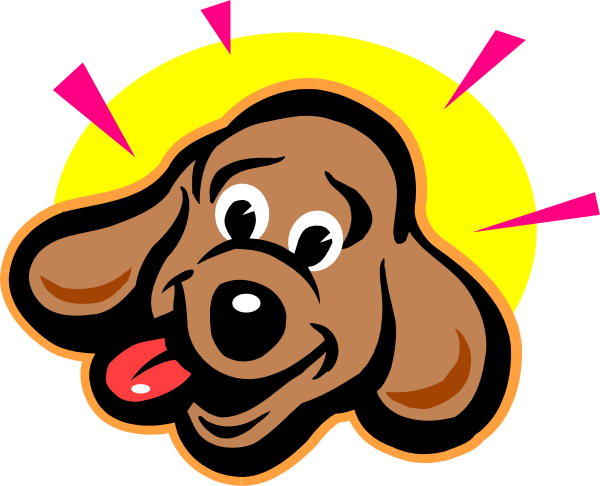 The image shows a cartoon dog with its tongue out on top of another similar but smaller version of itself below it against an orange background.