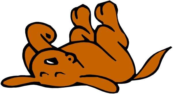 The image shows a cartoon of an orange dog lying on its back with paws up as if it's playing dead in front of what appears to be a black background.