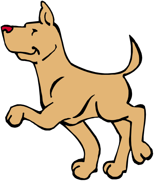 The image shows a cartoon dog running on its hind legs with an exaggeratedly happy expression.