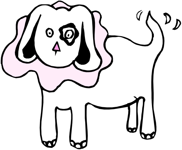 The black and white cartoon features a dog with an exaggeratedly large head sitting next to another animal that appears to be either a cat or a small creature resembling a fox or wolf; both animals have human-like faces, which is not typical for real dogs or cats but common in anthropomorphic depictions. The background of the image consists only of black and white shapes without any specific details about setting or objects present beyond these two characters.