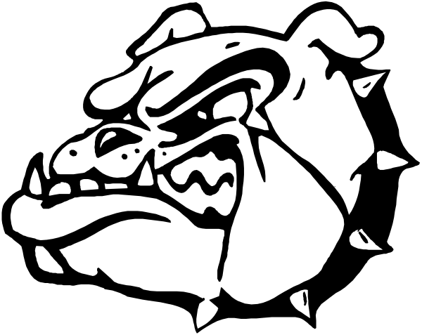 The black and white silhouette of a dog's head with an angry expression is shown against a gray background.