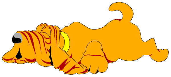 The image shows a cartoon of an orange tiger with black stripes lying down on its side next to what appears to be a small brown dog that is standing upright in front of it.