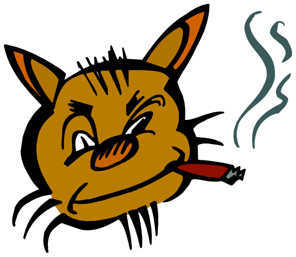 The cartoon depicts a dog with an angry expression holding a lit cigarette between its teeth while smoking it from behind smoke rings in front of itself.