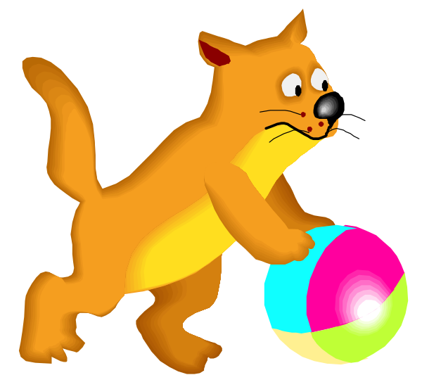 The cartoon depicts an orange cat holding a colorful ball with its paws while standing on two legs against a dark background.