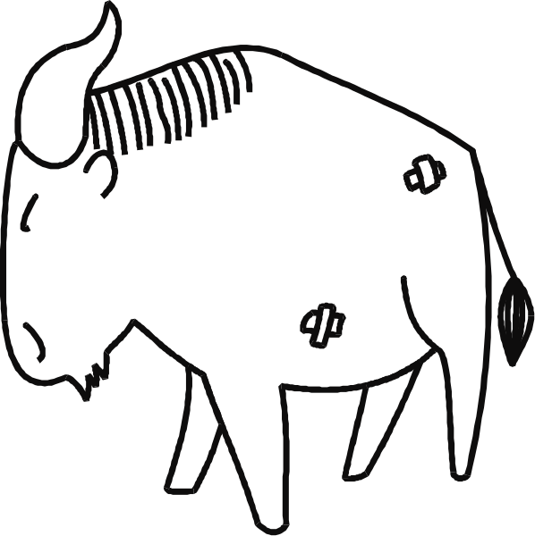 The black and white illustration shows a cartoon of an animal that resembles both a cow with horns on its head and another creature which appears to be either a dog or some other type of quadruped, standing next to each other in what seems like a stylized outdoor setting.