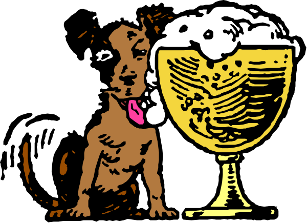 The image features a cartoon dog sitting next to an illustrated mug of beer with foam on top; there is no text present in this clip-art illustration.