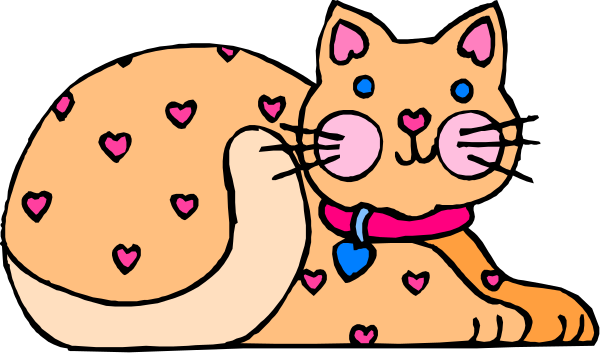 The image shows a cartoon of an orange cat with pink hearts on its body sitting next to what appears to be a large burger-like object that has eyes resembling those of cats as well; both characters have glasses and appear relaxed, possibly in front of or behind a banner due to the perspective.
