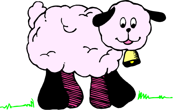 The image shows a cartoon of an animated sheep standing on grass with its head turned to look at something off-screen while holding what appears to be a book in one hand.