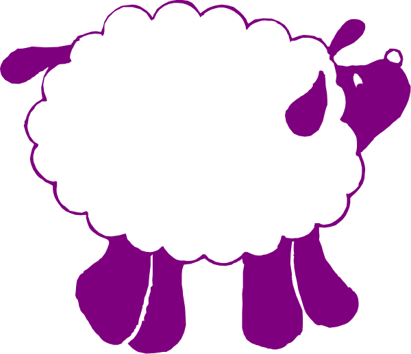 The image shows a purple sheep with white spots inside an enclosure that has pink walls on two sides and gray ones on the other side.