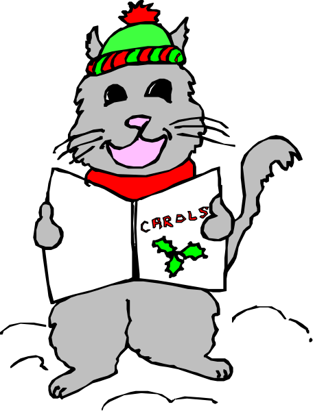 The cartoon depicts a gray cat holding an open book with "Charlie's" written on it while standing upright in front of Christmas decorations that include mistletoe leaves hanging from above, and wearing a festive red scarf around its neck adorned with white snowflakes.