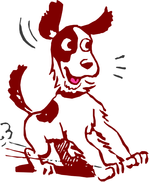 The image shows a cartoon dog riding on top of an object that resembles a motorcycle with wheels visible at both ends; it is depicted in black-and-white line drawing form against a dark background, and there's no text present within this small clip art.