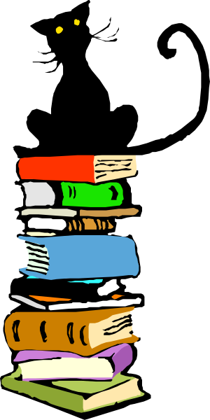 The image shows a stack of books with various spines visible against a dark background.
