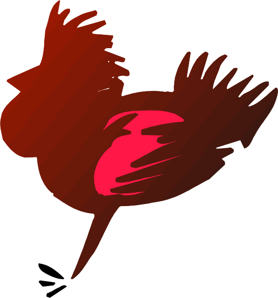 The image shows a red chicken with wings spread out on top of each other against two different backgrounds: black for the left side and white for the right side.