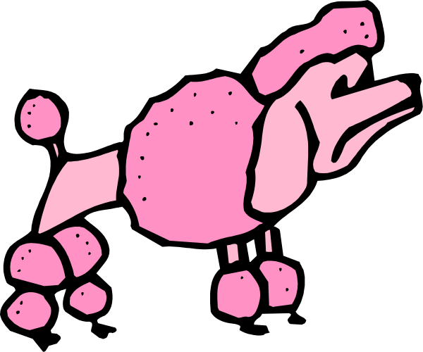 The image shows a pink dog with black spots on its body standing upright against a dark background.