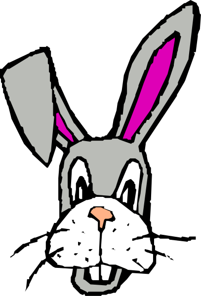 The image shows a cartoon rabbit with pink ears standing upright on its hind legs against a black background.