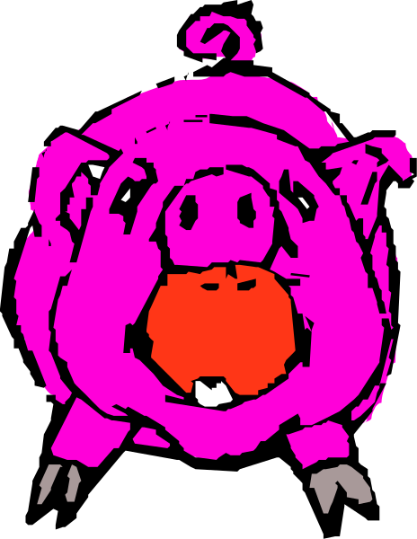 The image shows a pink pig with an apple inside its mouth sitting on top of another smaller animal that appears to be eating it.