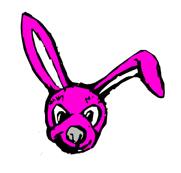 The image shows a pink cartoon bunny with black eyes wearing what appears to be an animal mask on its head against a dark background.