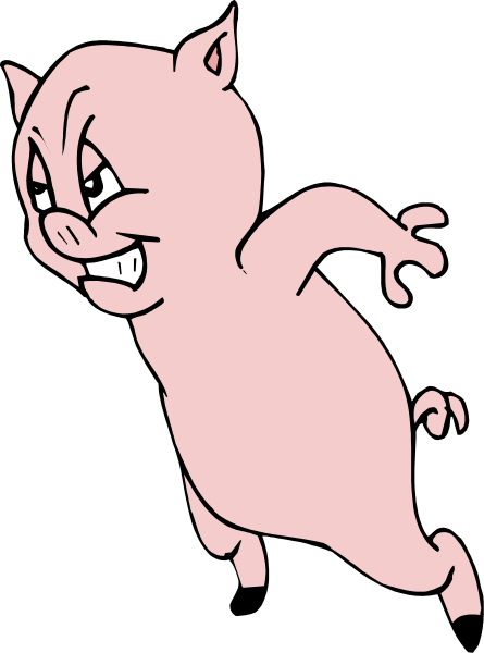 The image shows a cartoon pig character with an angry expression running on two legs against a black background.