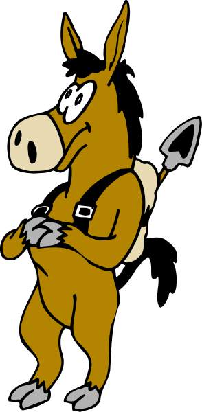 The cartoon shows a donkey with saddlebags on its back standing upright against an unseen background; it is depicted in black-and-white line drawing without any additional context provided by other elements within this image.