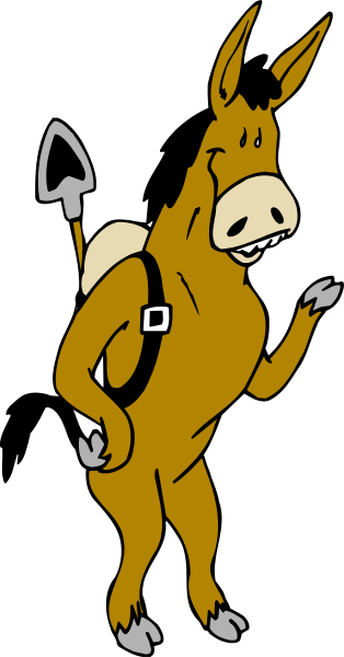 The cartoon depicts a donkey with an arrow on its back walking down what appears to be a roadway.