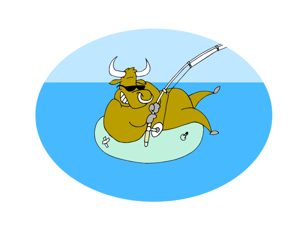 The cartoon depicts a large brown cow lying on its back inside an inflatable raft with fishing gear around it in water that is blue-green at top but darker towards bottom; above this scene, there's text "Fishing" and below it, another line of text reading "Cows."