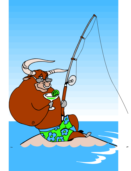 The cartoon depicts a large brown cow wearing sunglasses on its head while holding fishing gear over water with waves in it; there is also an image of a fish within this frame.