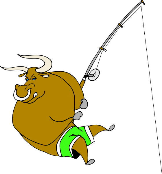 The cartoon depicts a brown cow with horns holding onto fishing rod while standing on water surface; it is wearing green shorts and has white spots around its eyes.