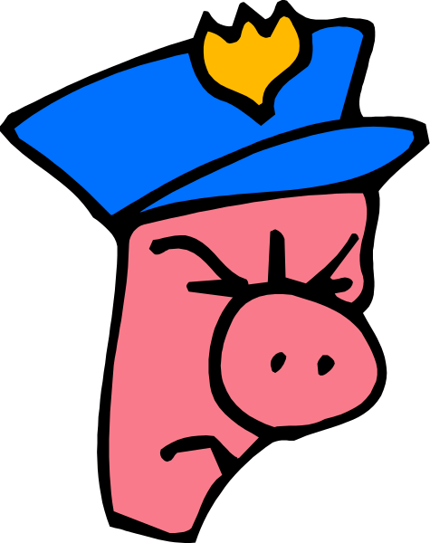 The image shows a cartoon pig's head with an angry expression wearing what appears to be a blue police officer hat on top of its snout.