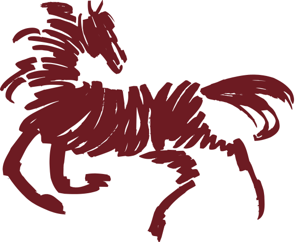 The black and white silhouette of a horse galloping to its right with an arrow pointing towards it on top left corner.