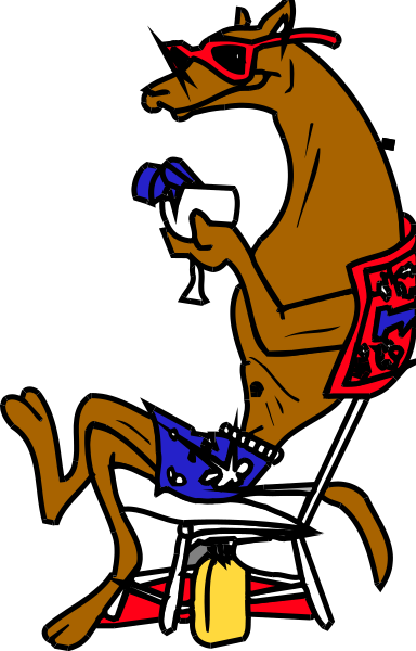 The image shows a cartoon of an anthropomorphic horse sitting on a chair with sunglasses over its eyes, holding what appears to be a microphone in one hand while wearing headphones around its neck.