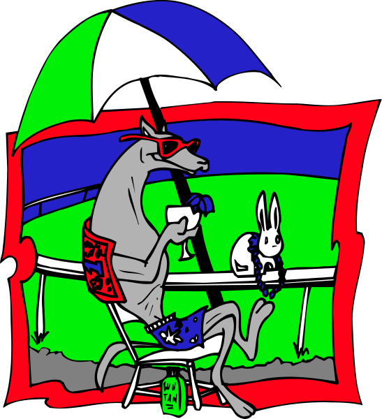 The illustration depicts a cartoon dog sitting at an outdoor table under an umbrella with sunglasses on its head holding a cup of coffee while another animal is standing next to it wearing sun goggles and also drinking from a cup, both seeming relaxed in what appears to be the middle of summer.