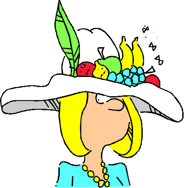 The image shows two cartoon characters: a woman wearing an elaborate hat with feathers on top of her head, adorned with fruit like bananas and apples; she is also holding what appears to be a small bird in one hand while standing against a black background. To the right side of this character stands another figure that seems more simplistic compared to the first: it has two arms raised upwards as if waving or greeting, with no facial features visible and only wearing an unidentifiable blue garment; there is also some text on top left corner which reads "hello