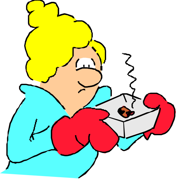 The cartoon shows a woman holding an open box with food inside while standing next to another character who is looking at her in surprise; both characters appear surprised by something off-screen.