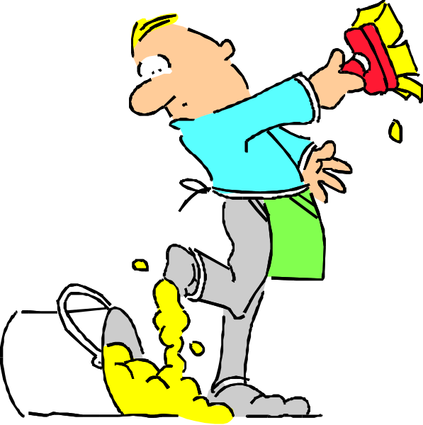 The cartoon shows a man with yellow shoes throwing something out of his hand while standing on what appears to be an unstable surface like ice skates; he is holding onto a red object that could possibly be a toy car, and there's no visible background or setting in this small clip-art image.