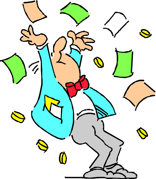 The cartoon shows a man with his arms outstretched as if he's dancing amidst falling money bills; there is no background detail provided in this image snippet.