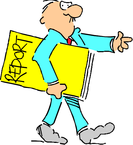 The cartoon shows a man dressed as an accountant walking with his hands behind him while holding up a sign that reads "report." He is pointing to something off-frame in front of him.
