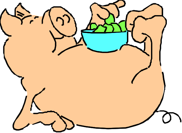 The cartoon shows a pig eating from two bowls of food while lying on its back with legs raised upwards as if in mid-air; one bowl is blue and contains broccoli florets, suggesting it's for vegetables, whereas the other appears to contain meat or another type of solid food.