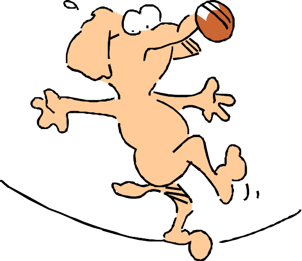 The image shows a cartoon dog character with an exaggeratedly large head holding onto what appears to be a basketball mid-air while jumping upwards in front of two smaller figures that resemble human legs but without bodies, set against a black background.